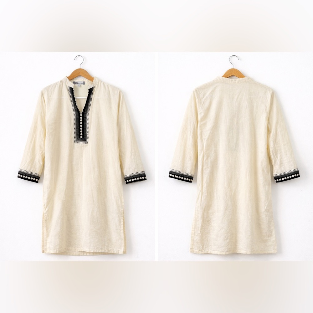 Women's Cream Tunic Shirt with Black Embroidered Placket - Classic Ethnic Style